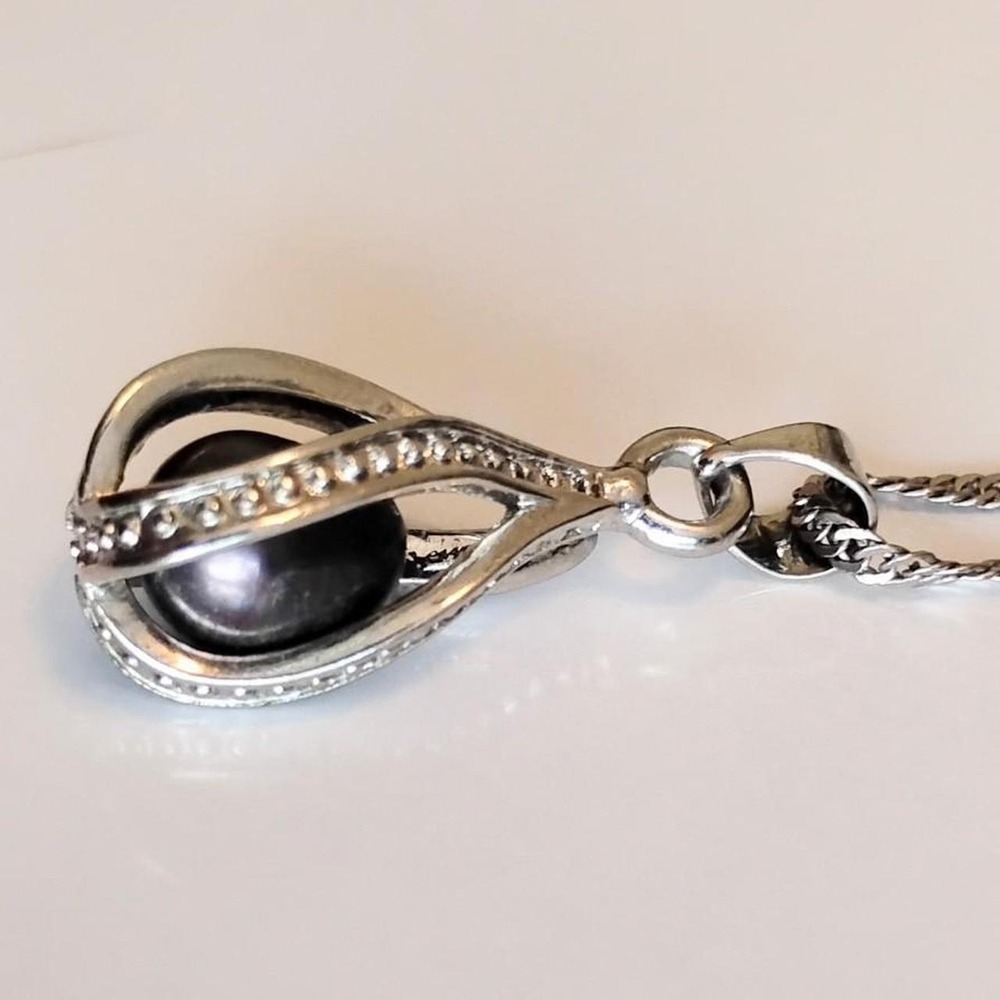 Silver Teardrop Black Pearl Diamond Cage Necklace #vintage #coquette #preppy - Picture 3 of 7